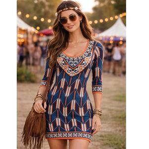 Flying Tomato Geometric Boho Knit Dress Blue Orange Size Medium